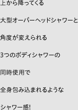 上から降ってくる大型オーバーヘッドシャワーと角度が変えられる3つのボディシャワーの同時使用で全身包み込まれるようなシャワー感!